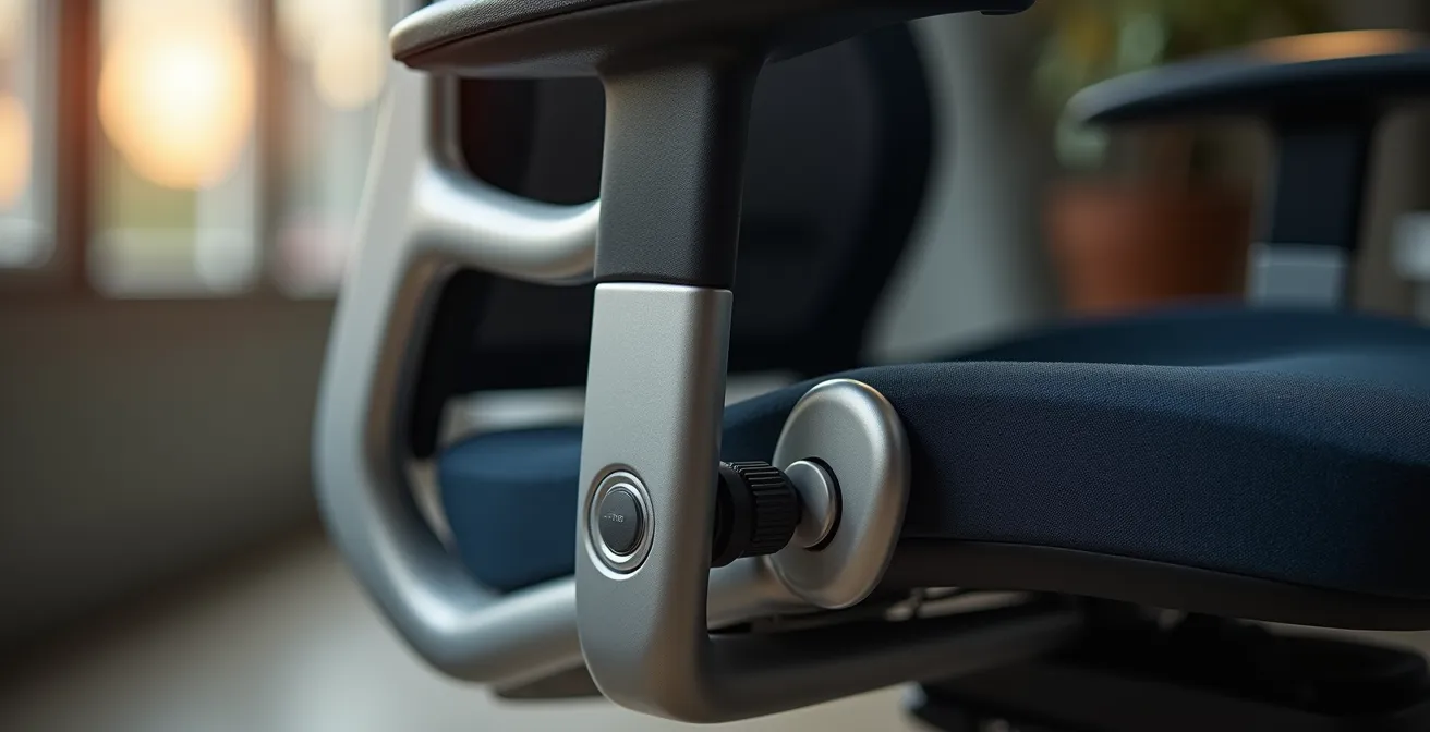 Detalle macro de mecanismos de ajuste en silla ergonómica