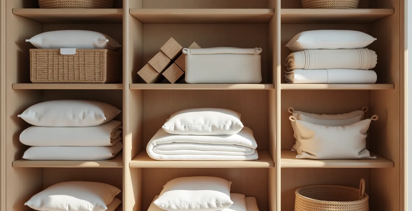 Sistema de almacenaje estacional de textiles en armario empotrado español con bolsas de vacío y lavanda