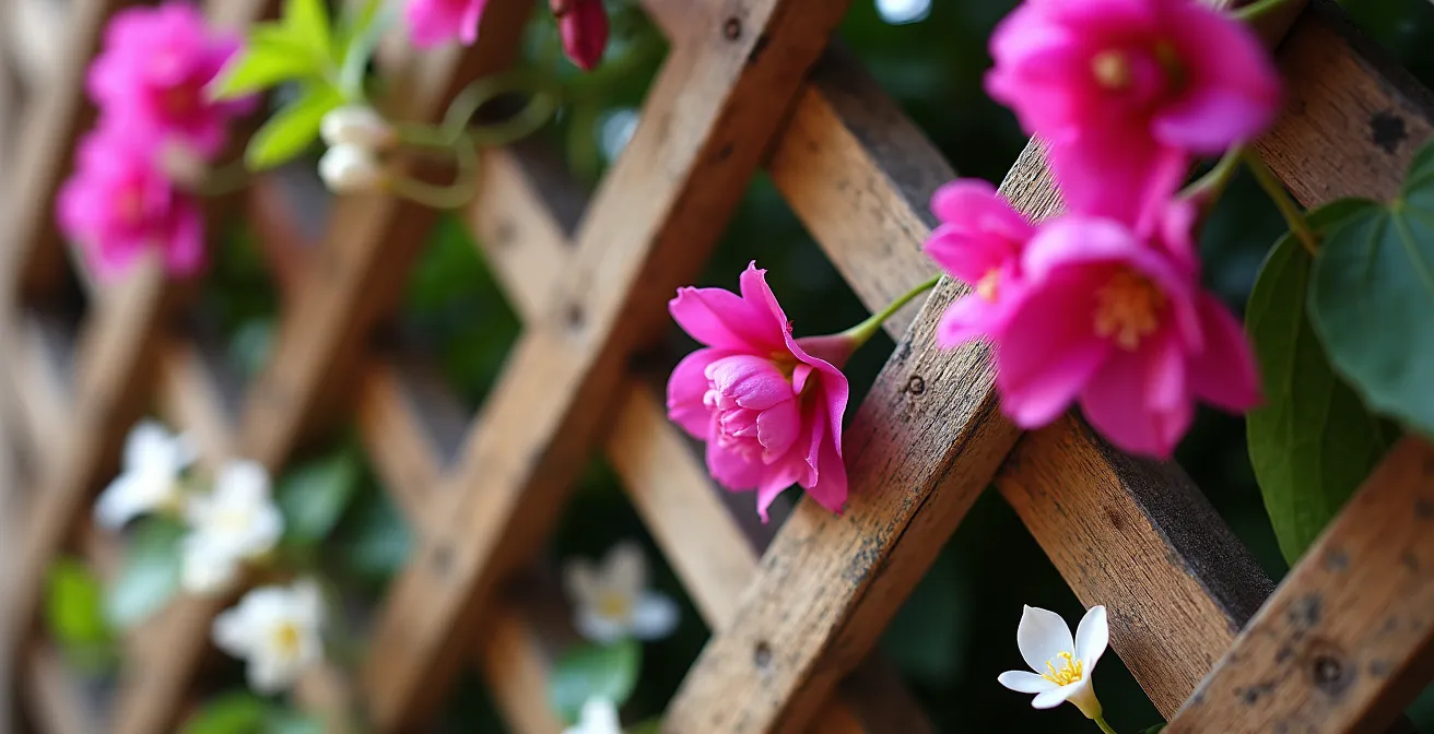 Detalle de celosía de madera con jazmín y buganvilla trepando, creando muro verde natural