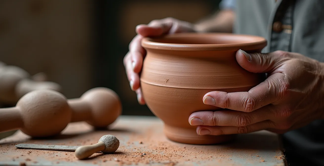 Manos de artesano examinando cerámica tradicional española mostrando detalles de calidad