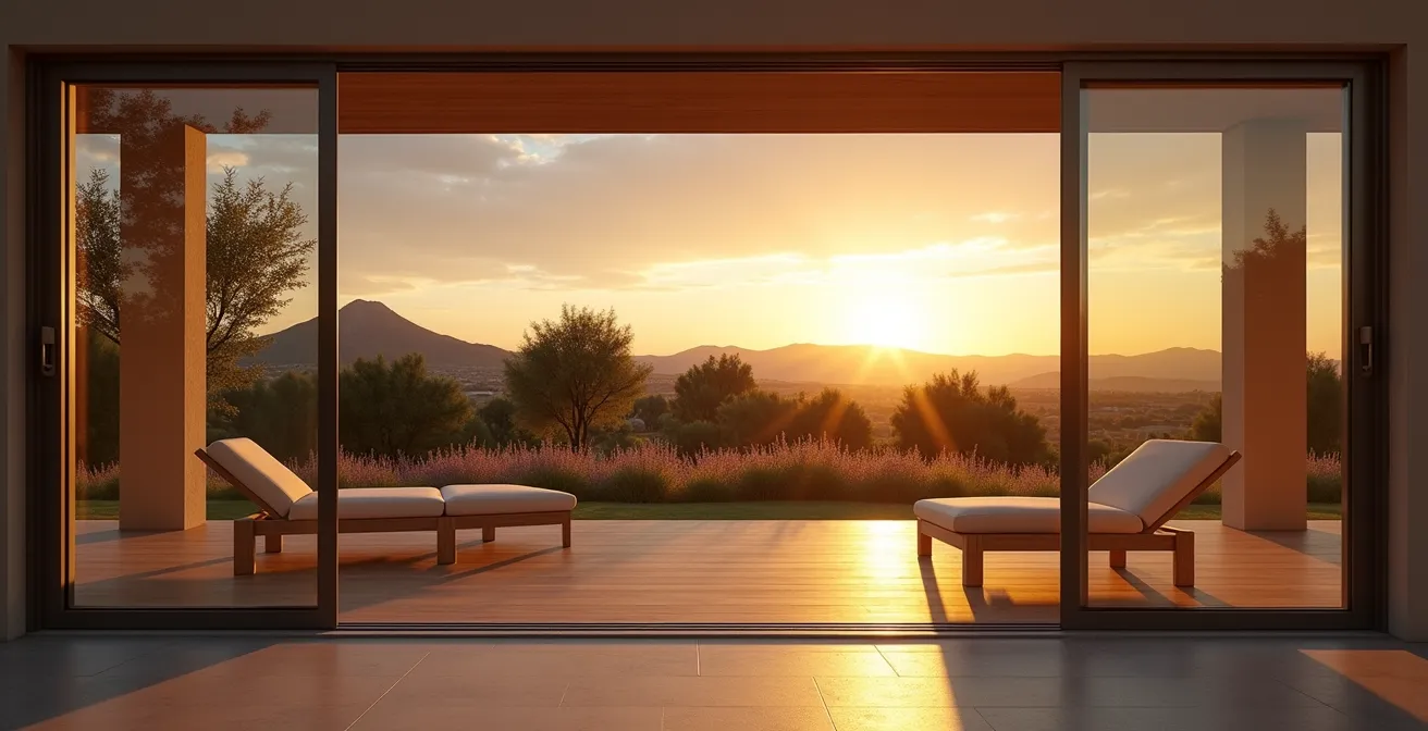 Cerramiento de cristal en porche moderno español al atardecer