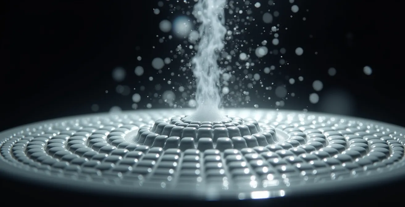 Detalle macro de tecnología de difusión ultrasónica creando micropartículas aromáticas