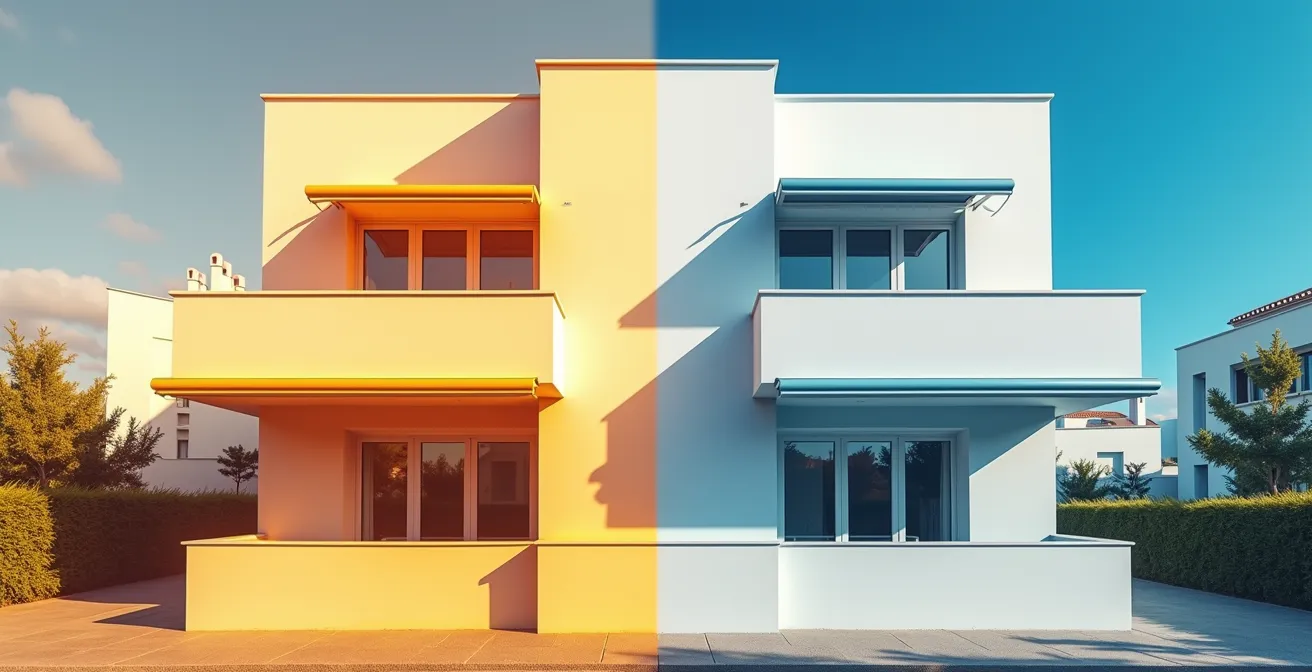 Comparación termográfica de edificio con y sin protección solar mostrando diferencias de temperatura
