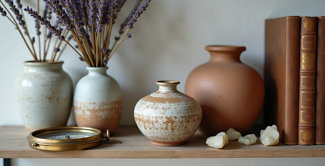 Detalle de estantería con composición personal de objetos vintage y artesanales españoles