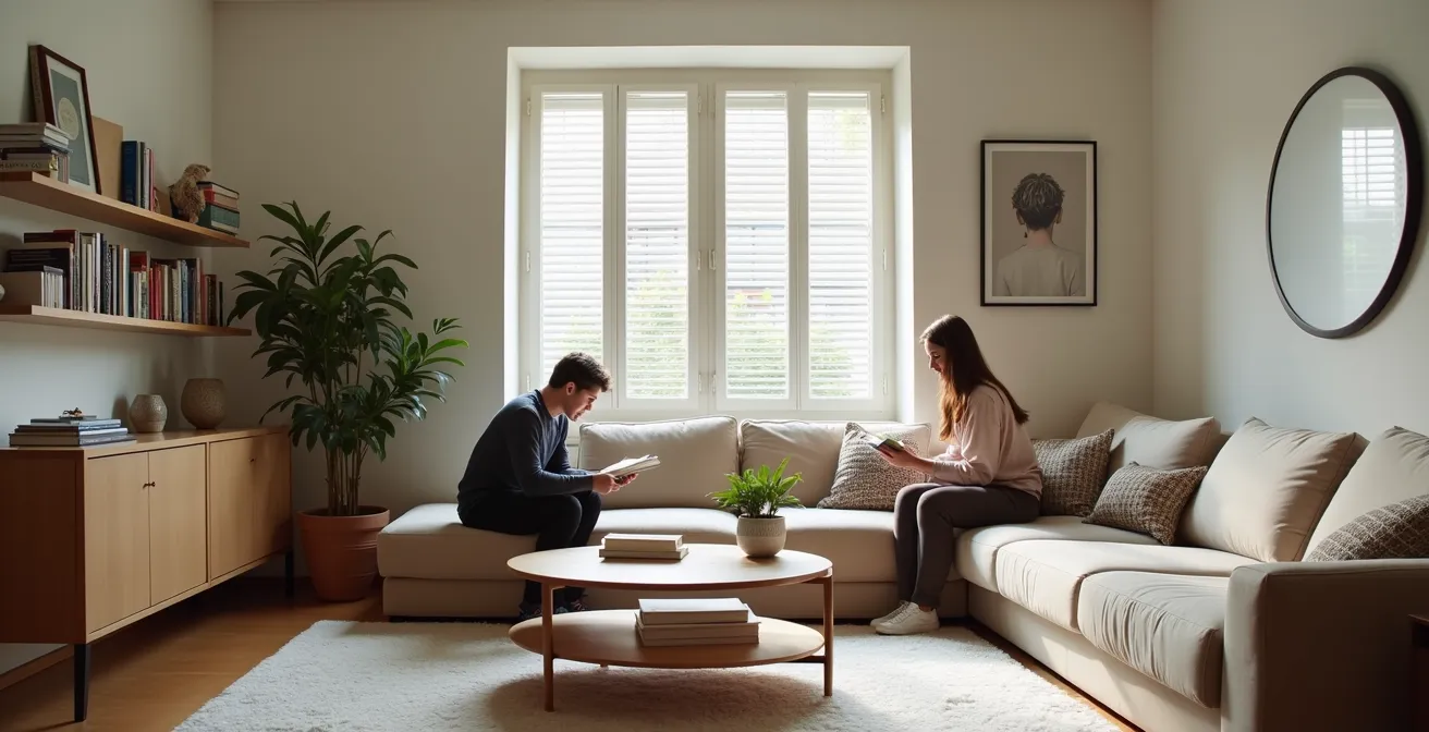 Espacio compartido minimalista mostrando zonas personales y comunes en un piso español