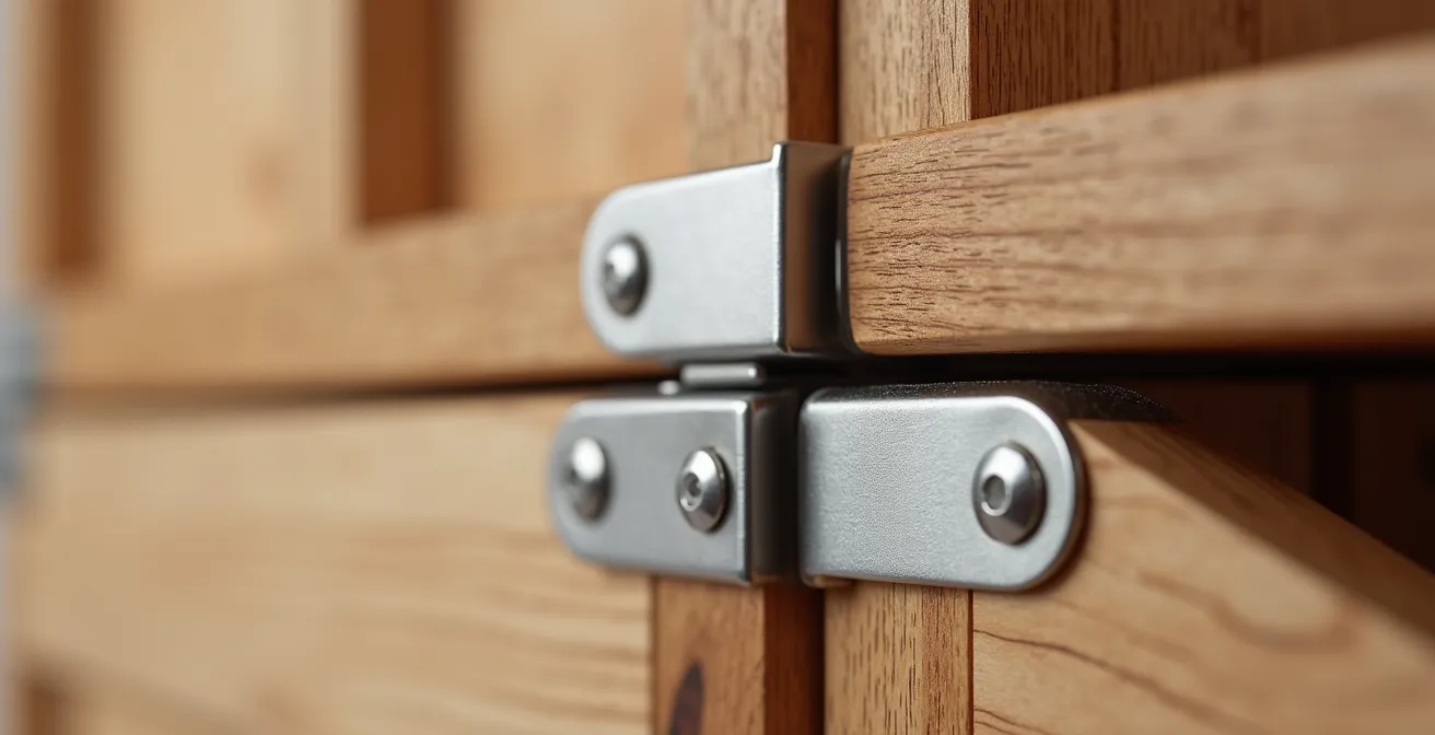 Primer plano de conectores y sistemas de unión en muebles modulares