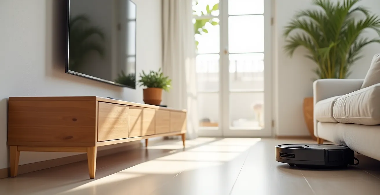 Salón moderno español con muebles elevados y espacios despejados para facilitar la limpieza automatizada