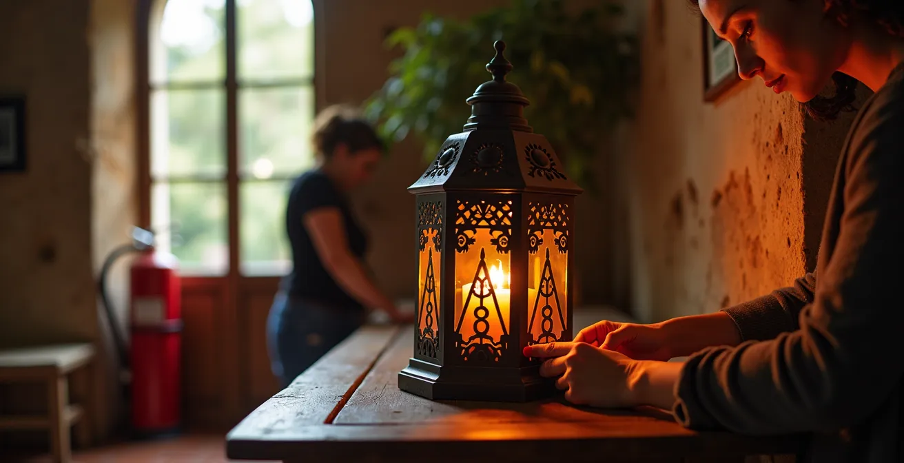 Disposición segura de velas en un salón español con elementos de protección