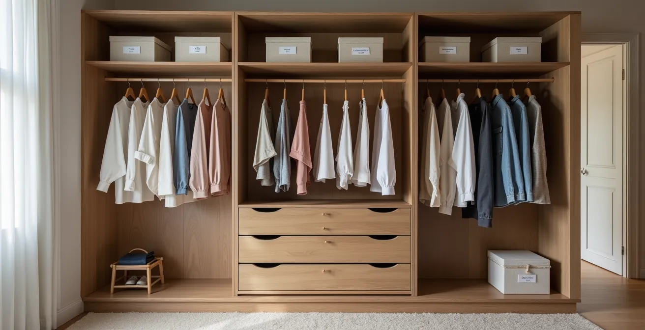 Vista frontal de armario abierto mostrando distribución óptima con zonas diferenciadas