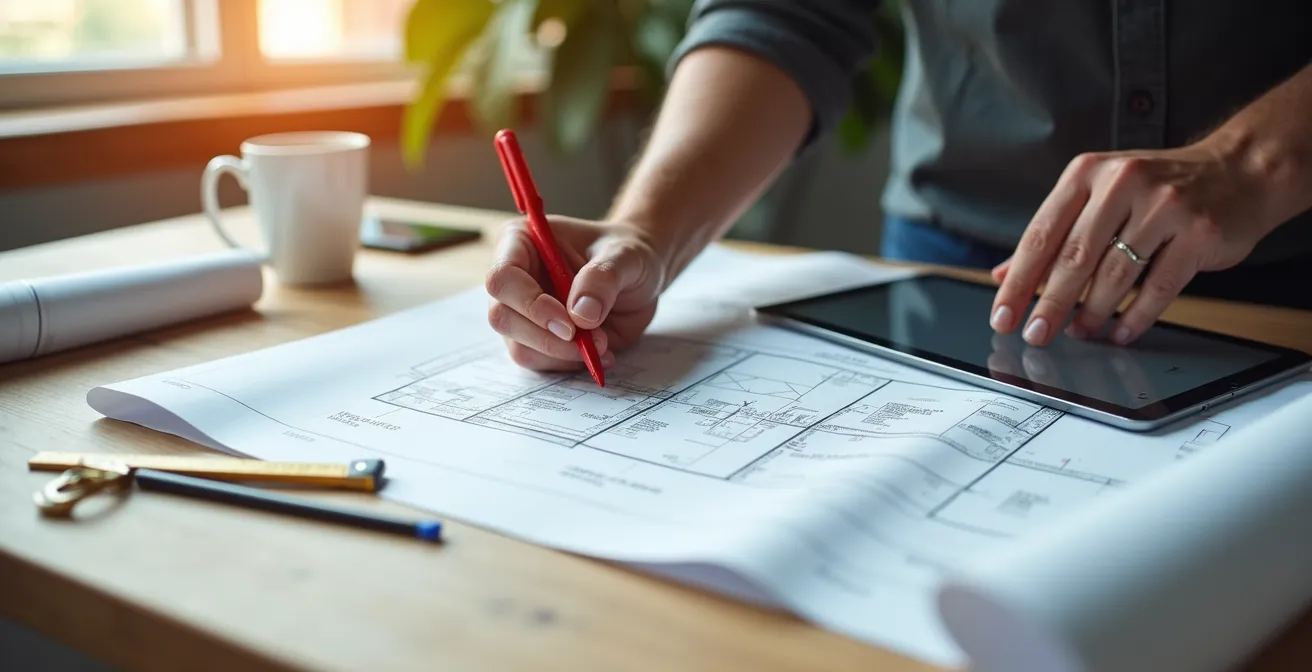 Mesa de arquitecto con planos y documentación de permisos municipales