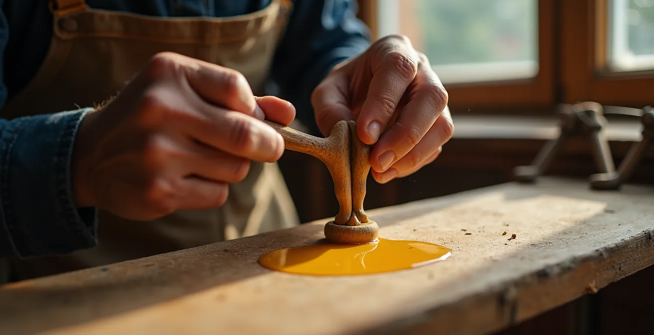 Detalle de proceso de encolado artesanal de una silla de madera con herramientas tradicionales