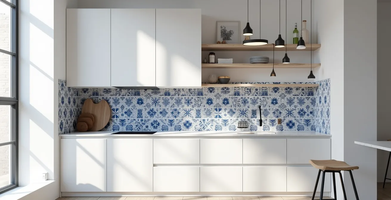 Cocina contemporánea con pared de azulejos sevillanos tradicionales como punto focal