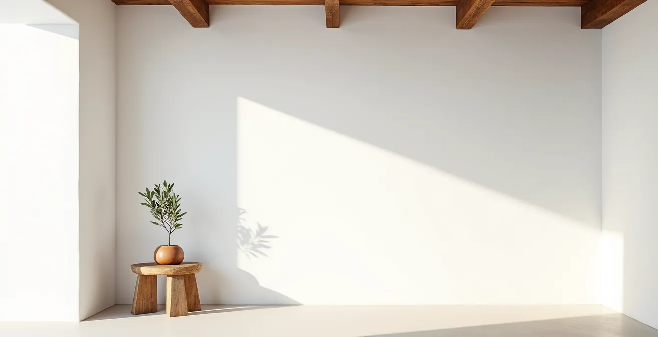 Interior minimalista mediterráneo con pared blanca vacía como elemento de composición