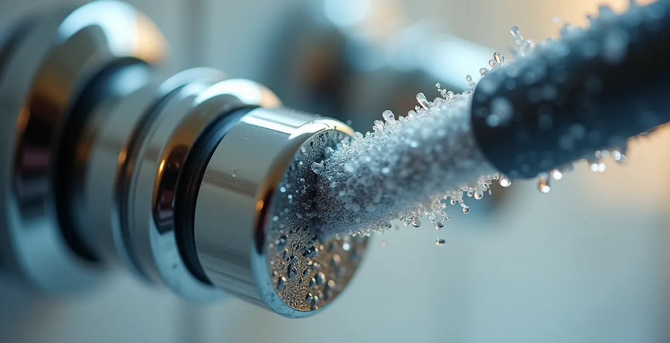 Detalle macro de un cartucho termostático con depósitos de cal siendo limpiado