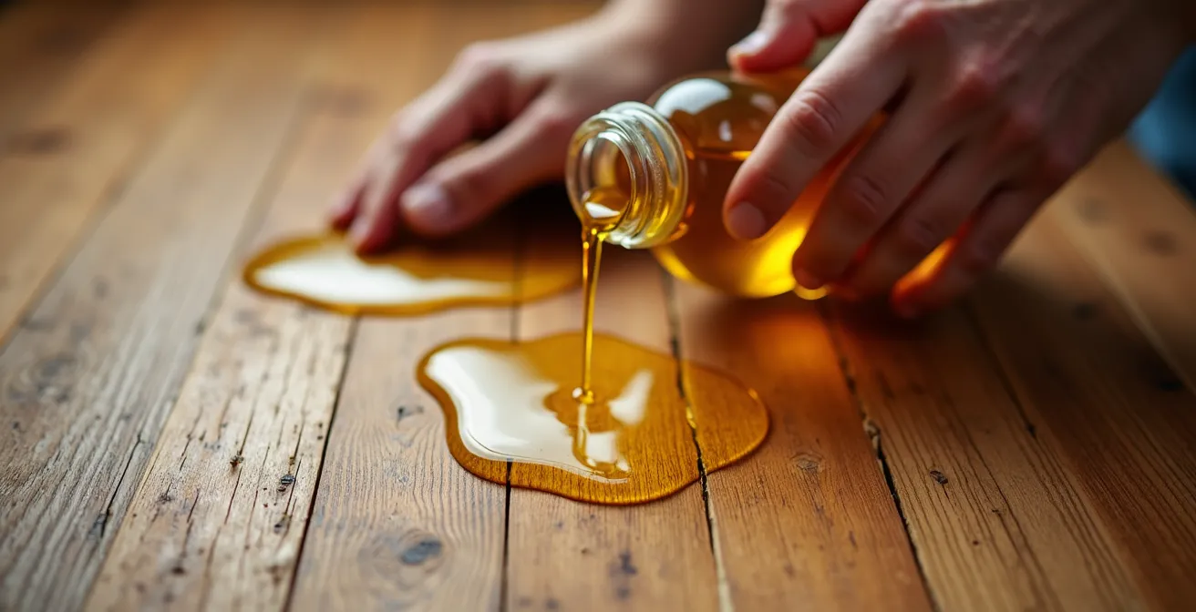 Manos expertas aplicando aceite natural sobre parqué de roble macizo