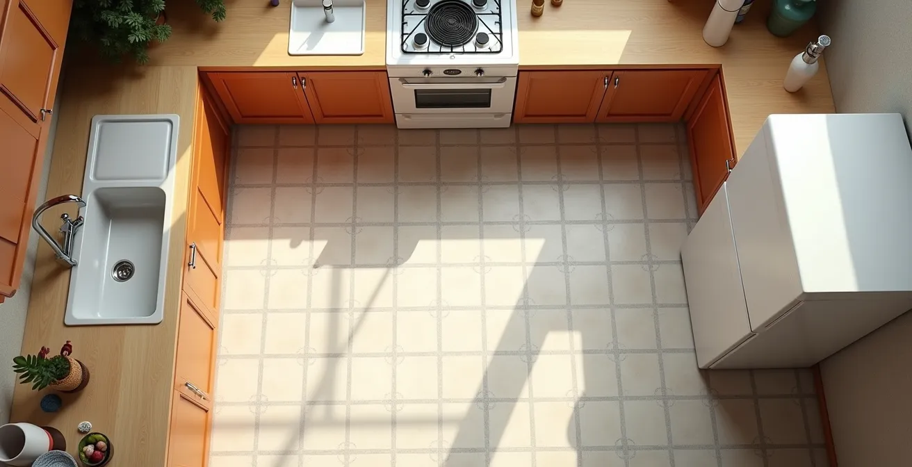 Plano cenital de una cocina española con líneas de movimiento trazadas mostrando el triángulo de trabajo