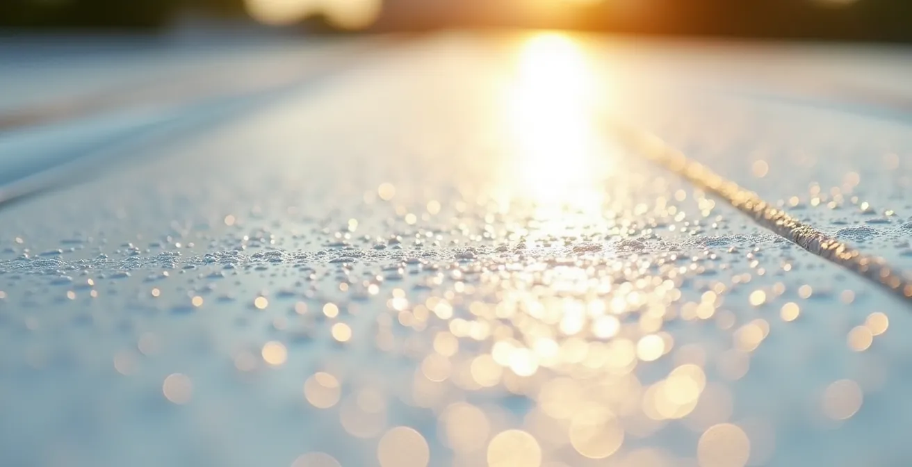 Detalle macro de membrana impermeabilizante reflectante sobre cubierta