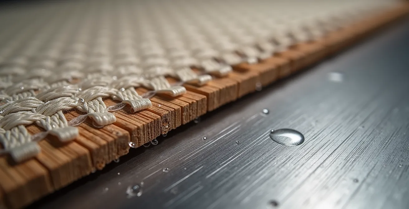 Detalle macro de materiales resistentes para exteriores mostrando texturas y tratamientos