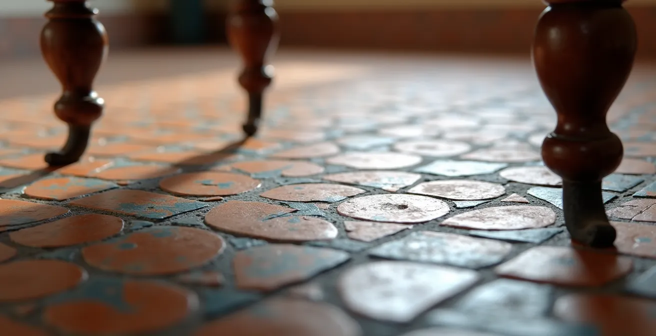 Muebles flotantes sobre mosaico hidráulico tradicional español con espacio visual liberado