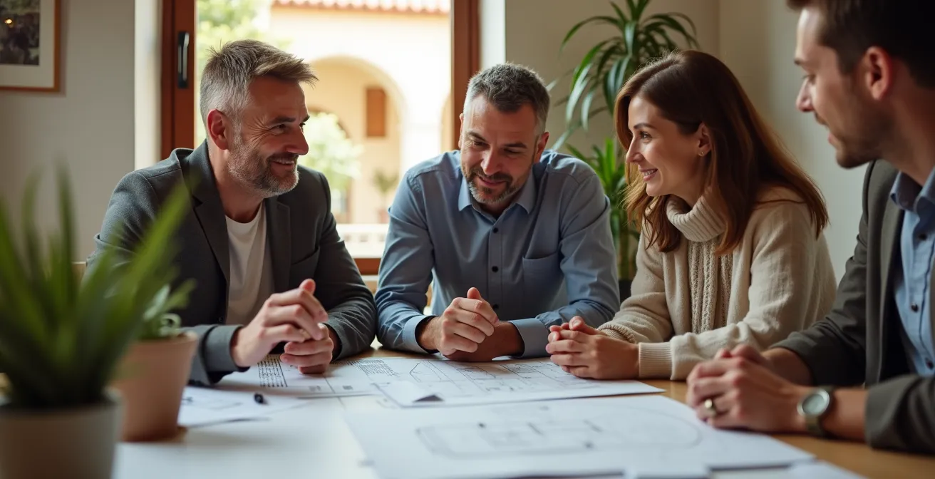 Profesional técnico explicando documentación de ayudas energéticas a propietarios en una oficina de rehabilitación