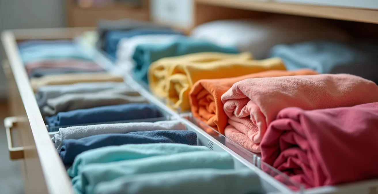 Interior de canapé con ropa organizada verticalmente según el método Marie Kondo, mostrando divisiones con cajas transparentes