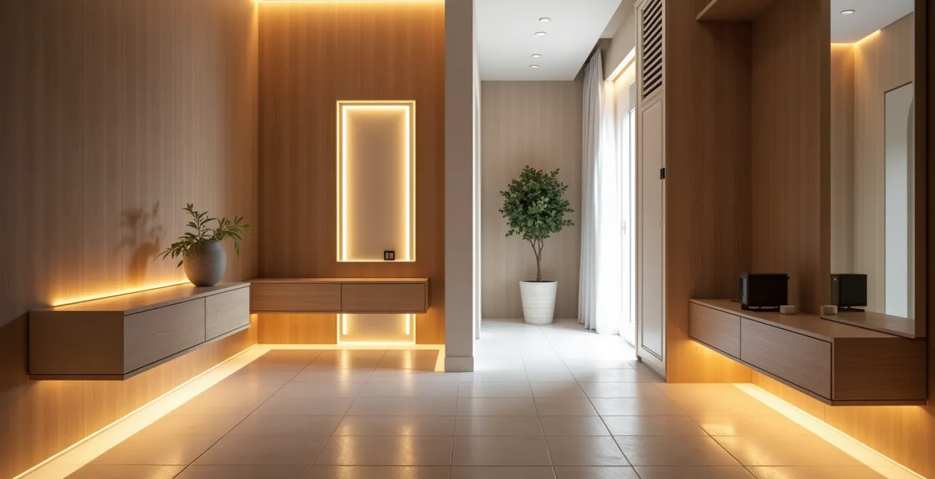 Pasillo español convertido en recibidor con iluminación LED y separación visual