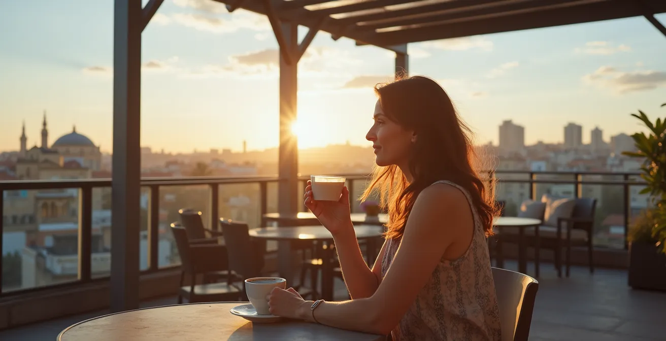 Pérgola bioclimática en ático resistiendo viento en ciudad española