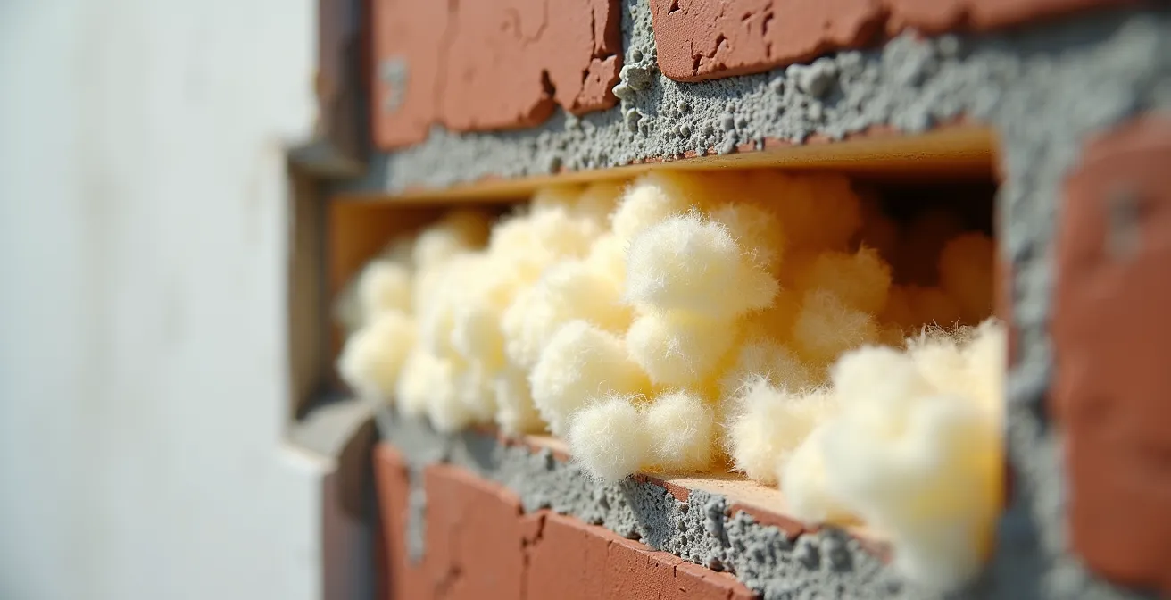 Vista en sección de una pared con cámara de aire siendo rellenada con material aislante mediante insuflado