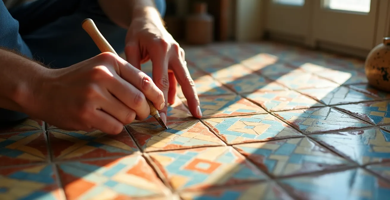 Suelo de mosaico hidráulico restaurado mostrando patrones geométricos originales