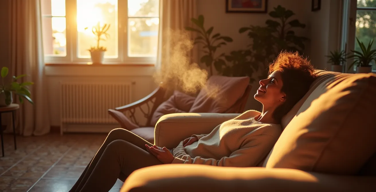 Salón español al atardecer con difusor inteligente integrado en decoración