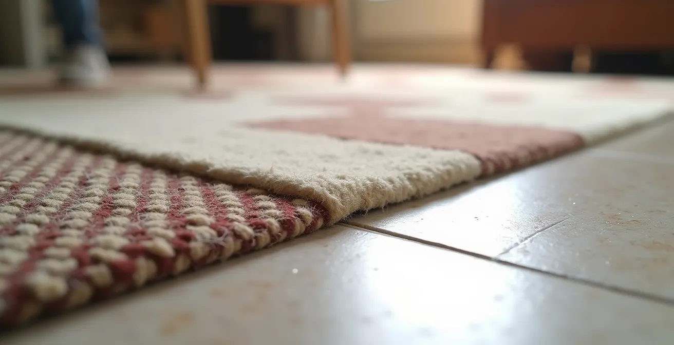 Detalle de una alfombra con base antideslizante en suelo de gres español
