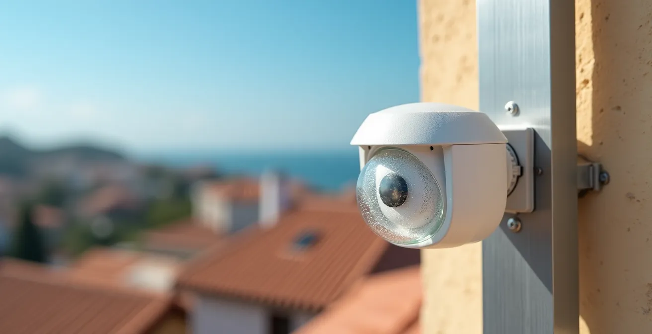 Sensor meteorológico inteligente instalado en toldo con estación meteorológica integrada