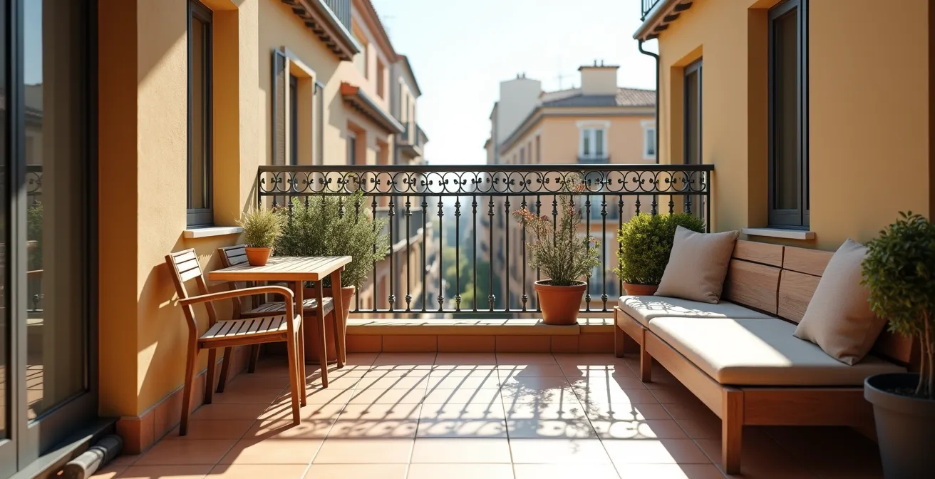 Solución de almacenaje vertical para muebles en balcón urbano español