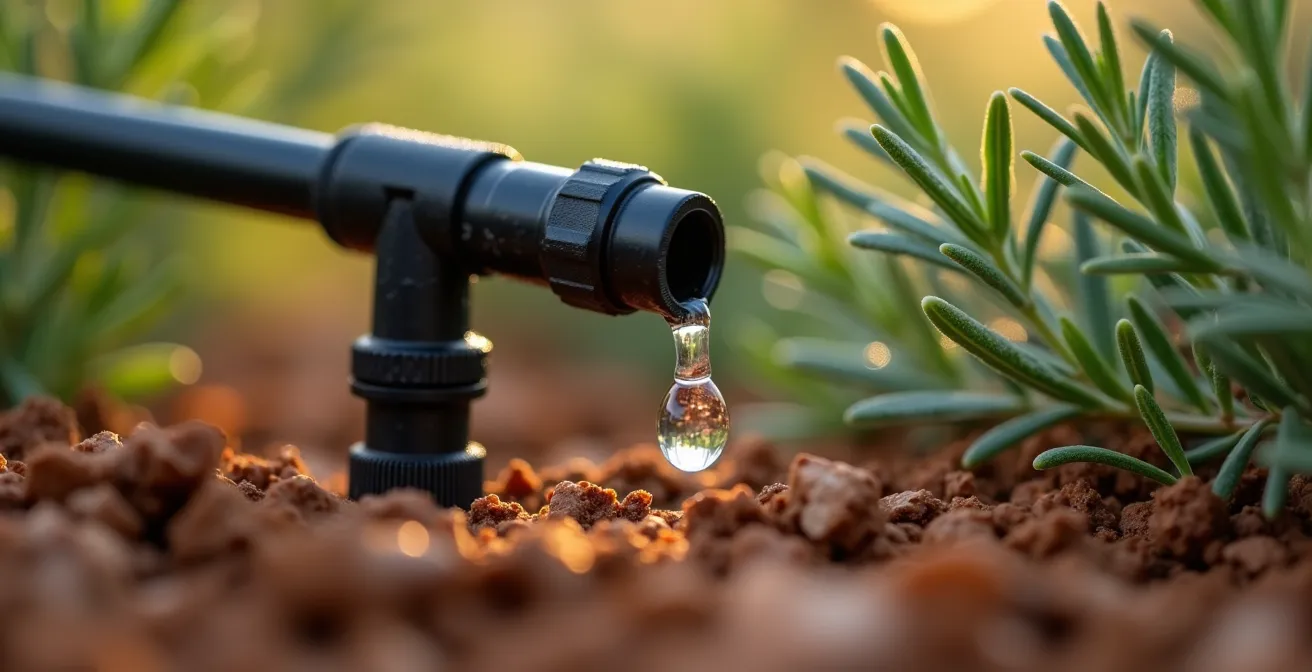 Sistema de riego por goteo instalado en jardín mediterráneo con plantas autóctonas