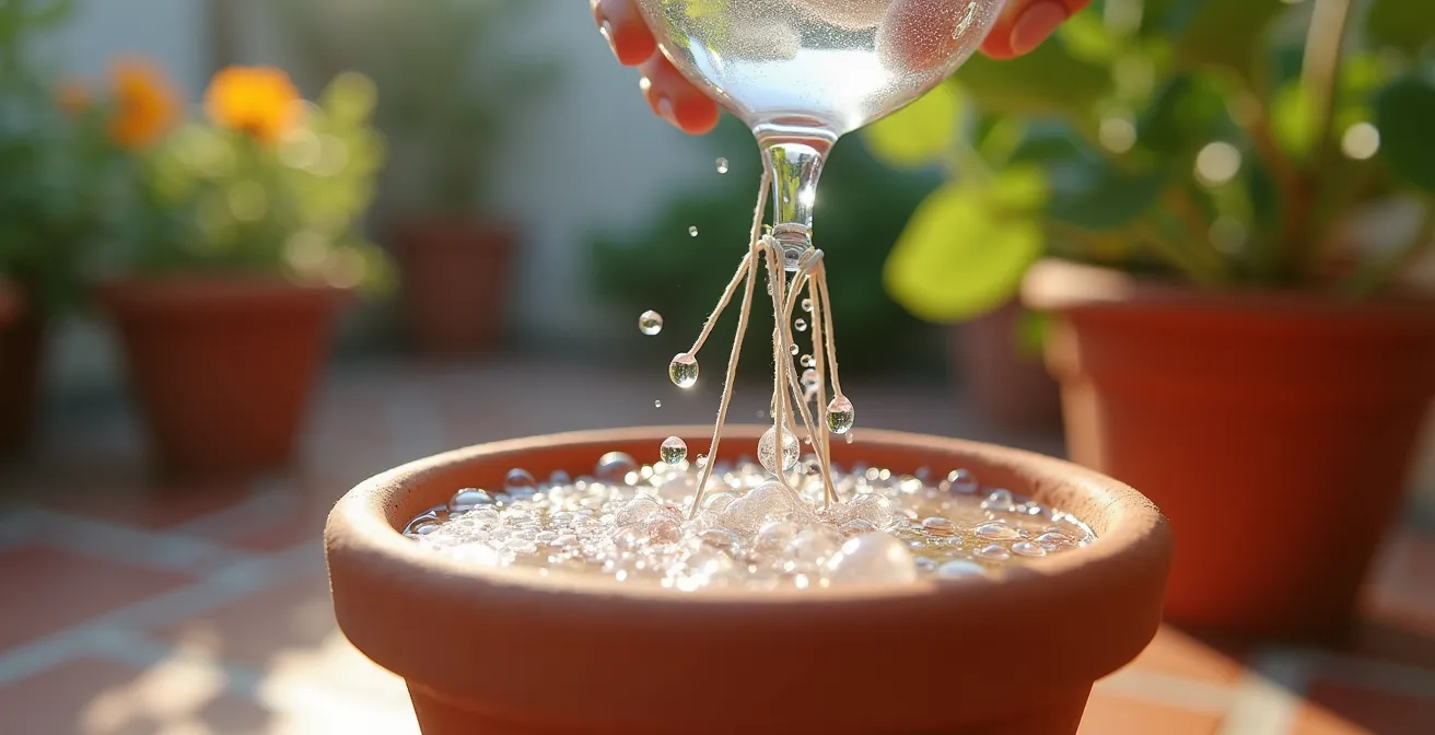 Sistema de riego automático casero con botellas y cordones para plantas