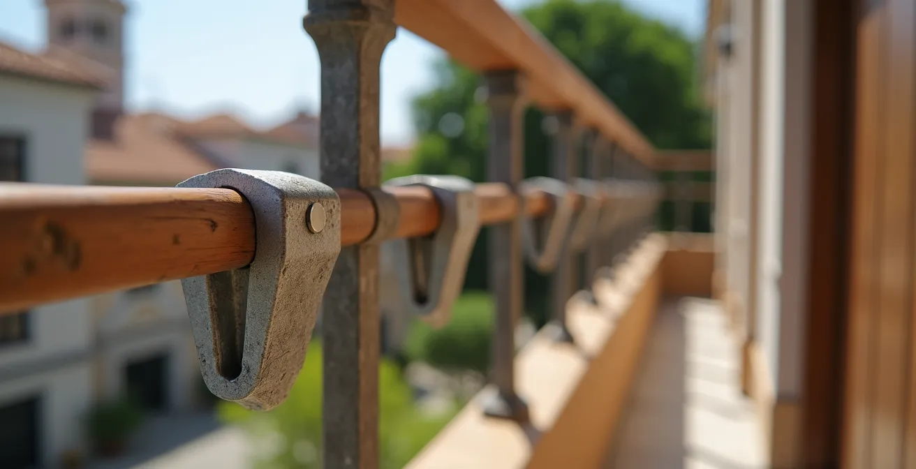 Detalle de diferentes sistemas de fijación para mesas en barandillas de balcones