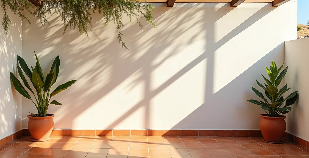 Vista amplia de terraza andaluza con paneles translúcidos creando juego de luces y sombras