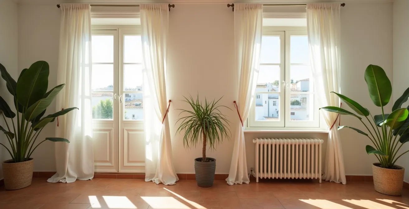 Interior español con ventilación cruzada natural y plantas