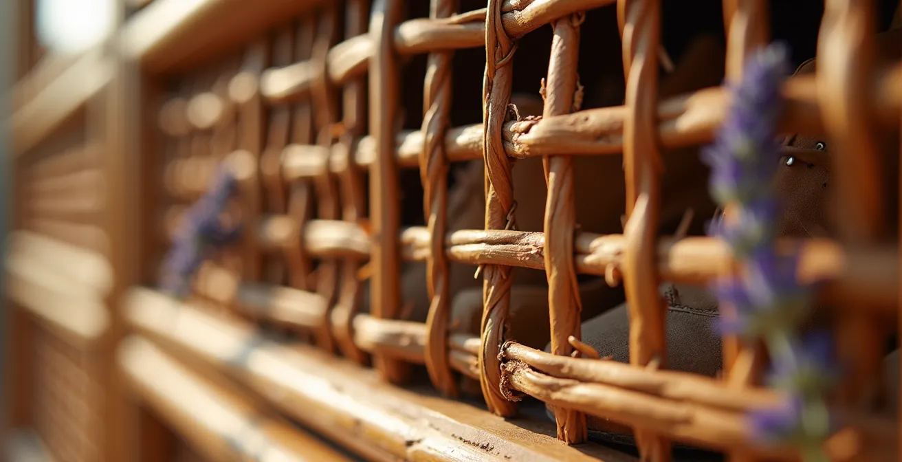 Zapatero de ratán con ventilación natural y elementos aromáticos mediterráneos