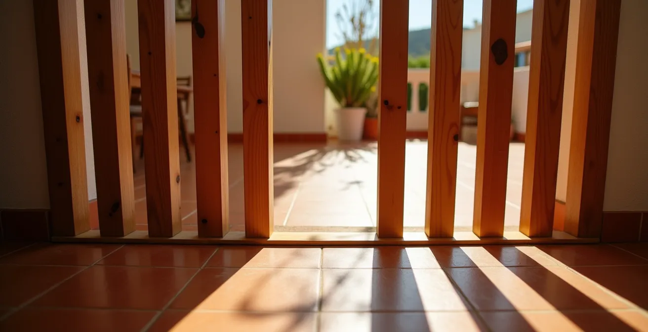 Separación de espacios con listones de madera verticales en un piso pequeño y luminoso