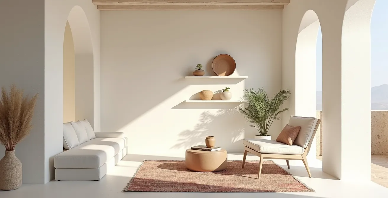 Interior mediterráneo con tonos arena y blancos rotos típicos de Baleares