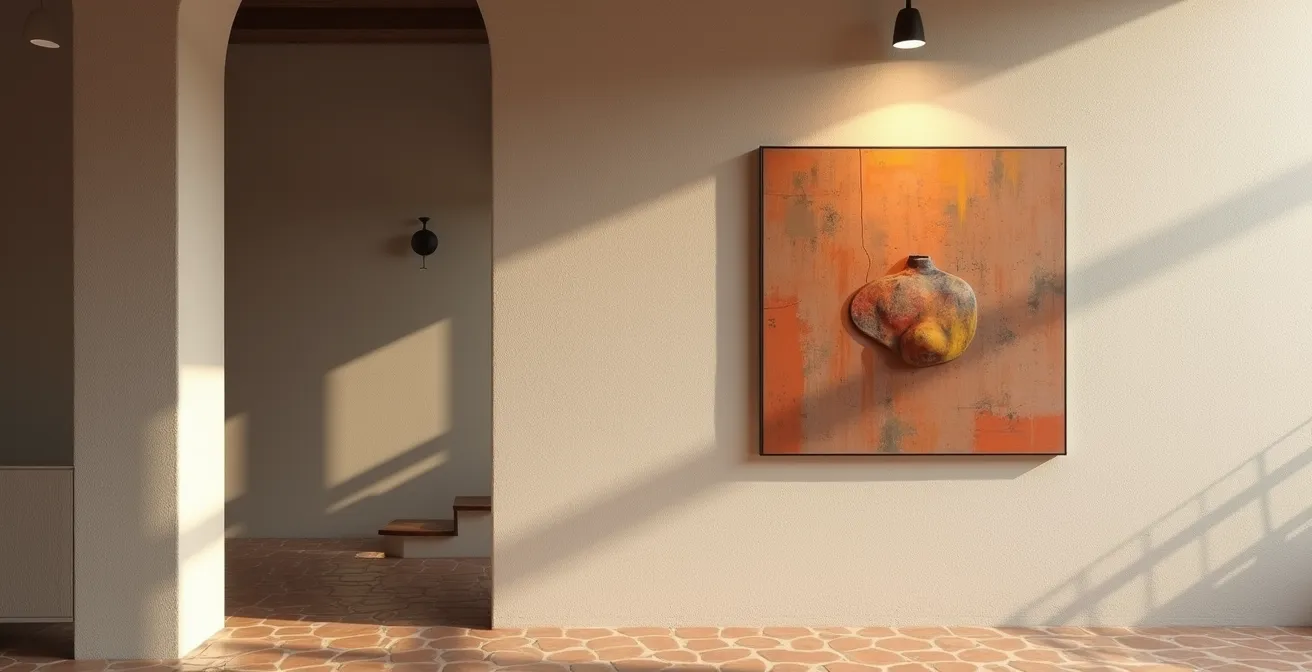 Obra de arte española iluminada sobre pared neutra con luz dirigida