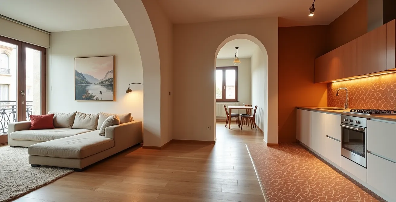 Transición elegante entre salón y cocina con baldosas hidráulicas originales en Barcelona