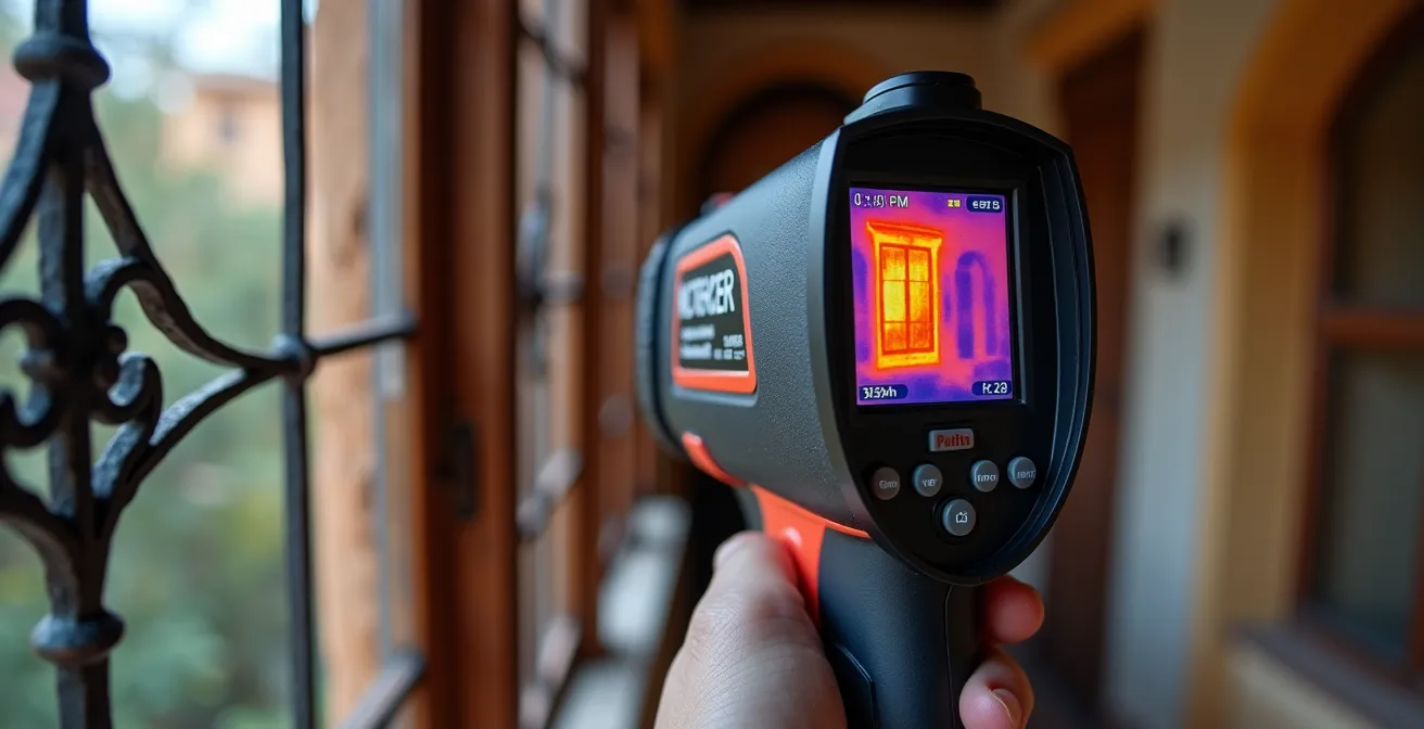 Cámara termográfica profesional analizando pérdidas de calor en ventana de vivienda española