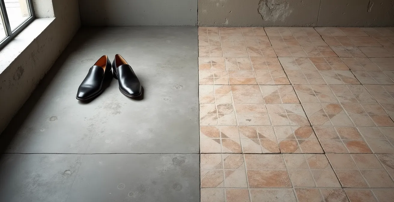 Vista en perspectiva de transición entre superficie de microcemento continuo y baldosas tradicionales