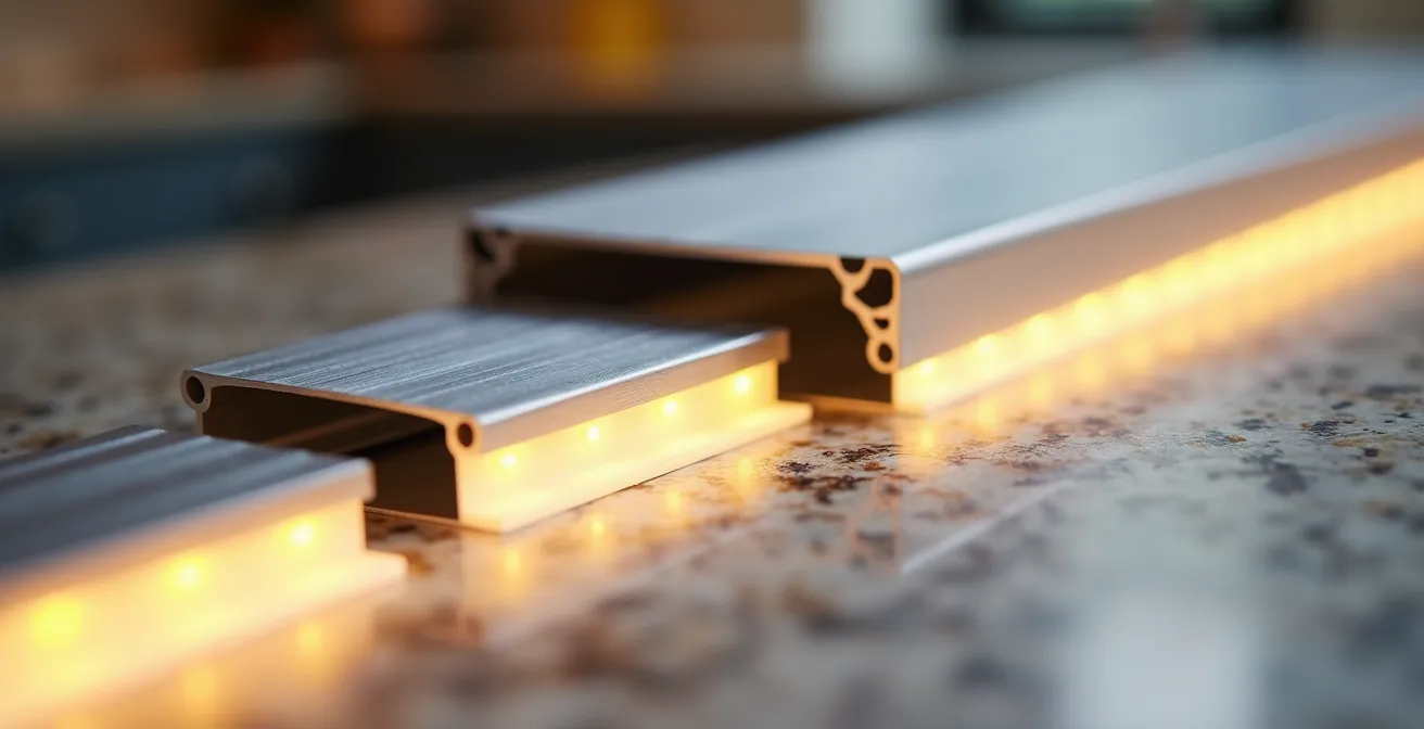 Tres tipos de perfiles LED mostrando efectos lumínicos en una encimera de cocina española