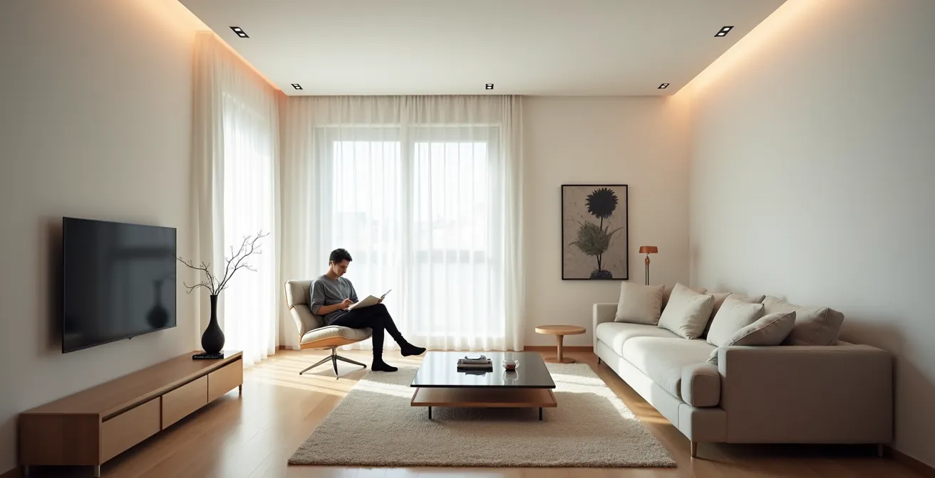 Salón español mostrando iluminación sin deslumbramiento con focos dark light empotrados