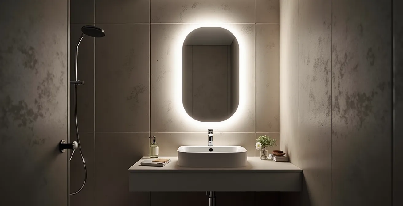 Espejo con retroiluminación LED en baño moderno que crea efecto flotante
