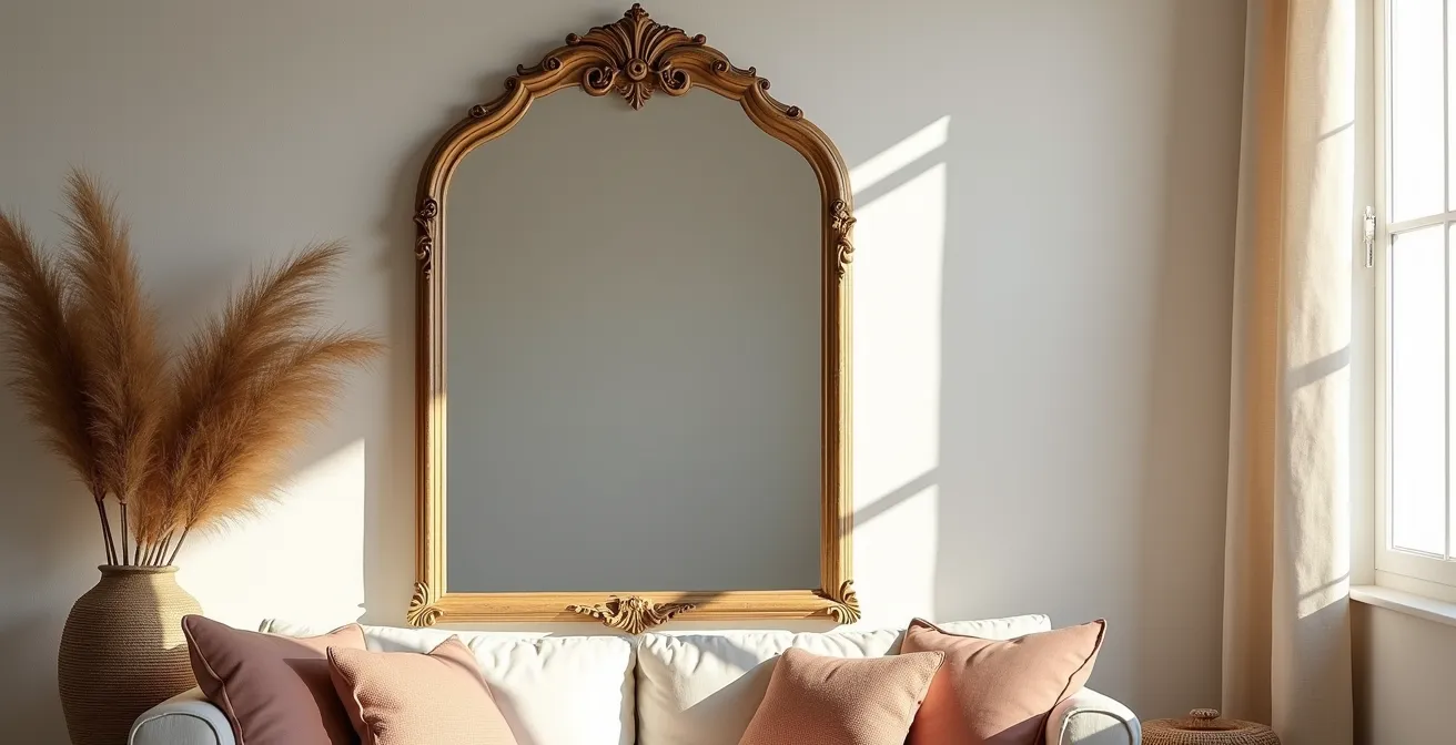 Salón español con espejo grande frente a ventana duplicando la luz natural