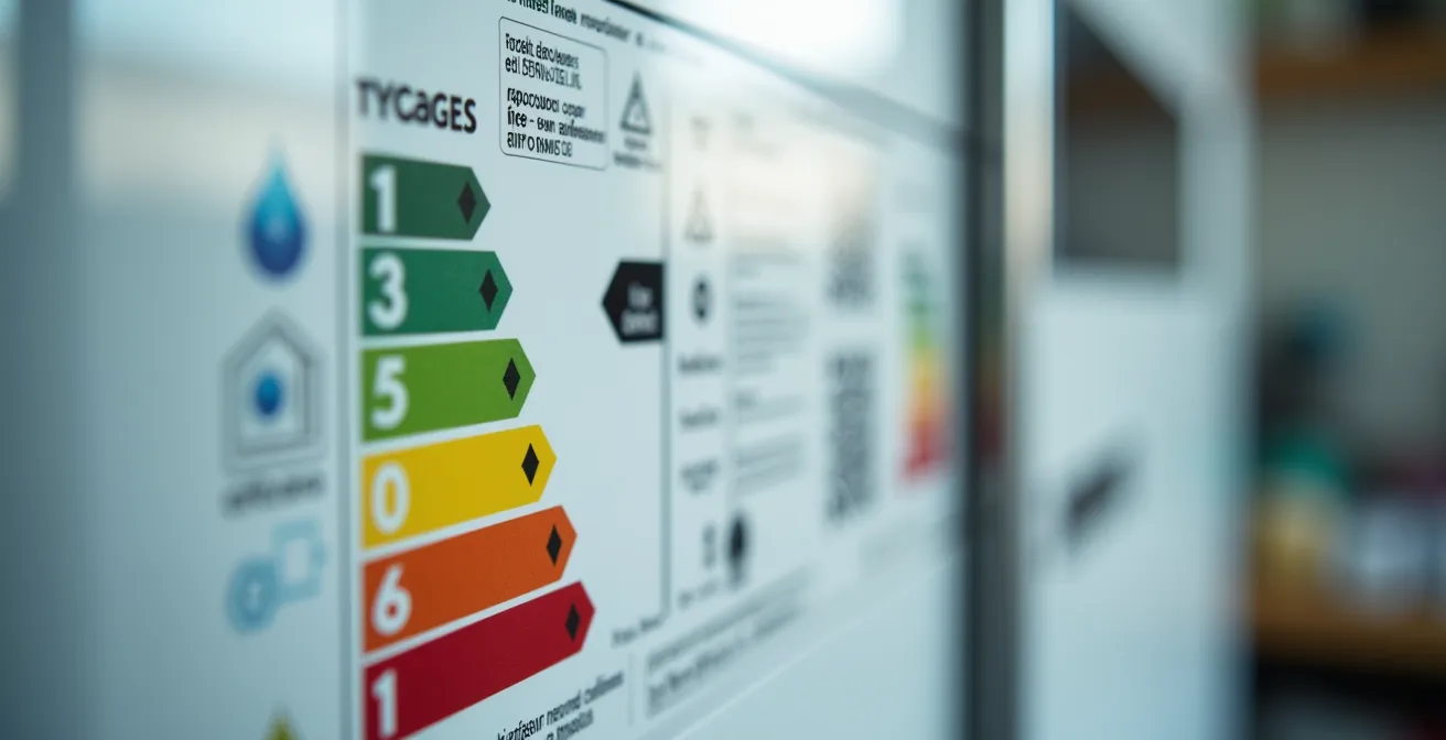 Detalle macro de etiqueta energética europea mostrando pictogramas y código QR